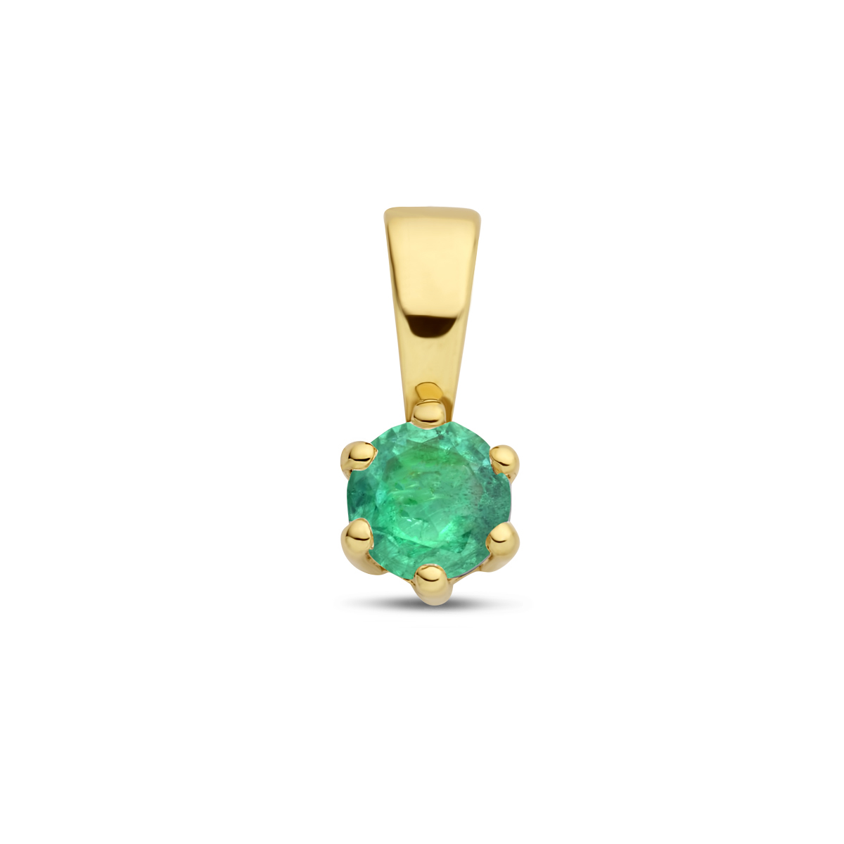 14k Geelgouden hanger uitgevoerd met een schitterende groene smaragd steen, gezet in een chaton met zes zetpoten