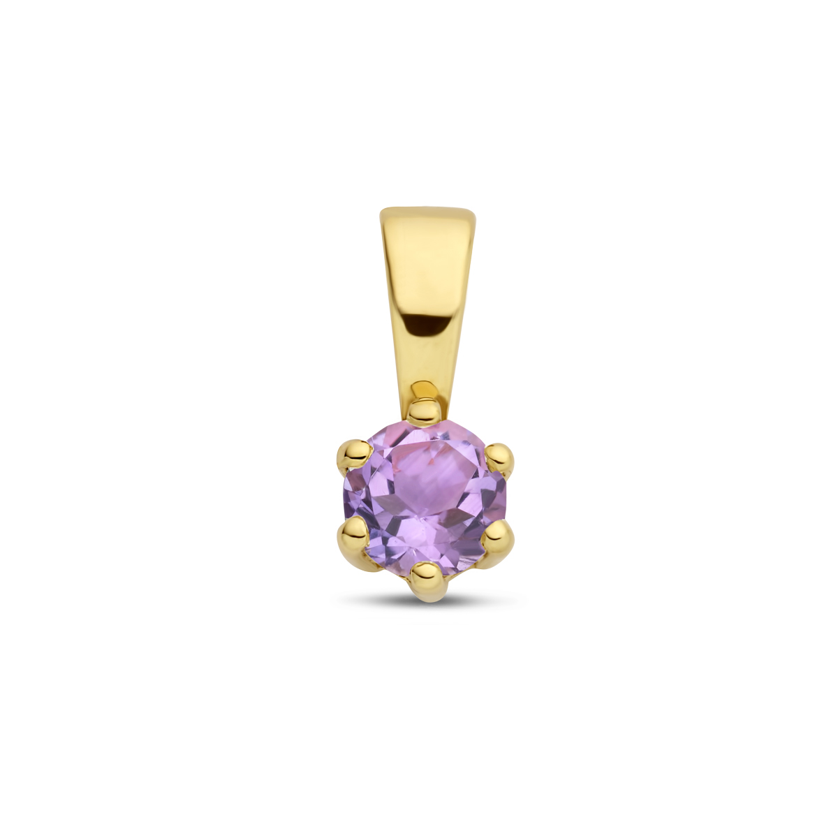 14k Geelgouden geboortesteen hanger uitgevoerd met een schitterende amethist. De hanger heeft een afmeting van 9.5x4.2mm.