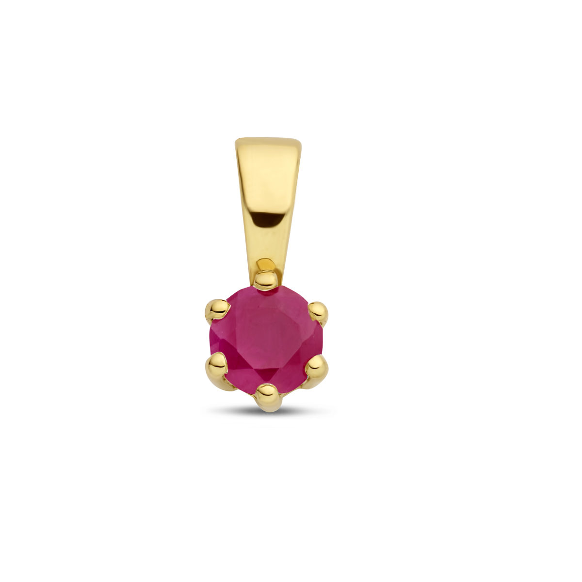 14k Geelgouden geboortesteen hanger uitgevoerd met een schitterende robijn. De hanger heeft een afmeting van 9.5x4.2mm.