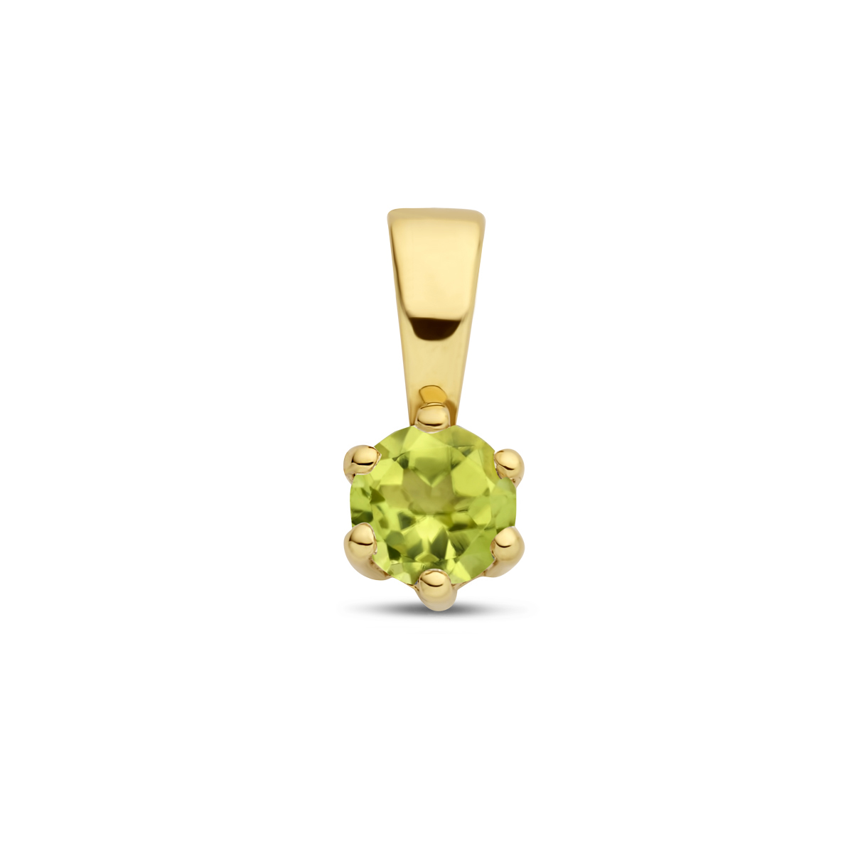 14k Geelgouden geboortesteen hanger uitgevoerd met een schitterende peridot. De hanger heeft een afmeting van 9.5x4.2mm.