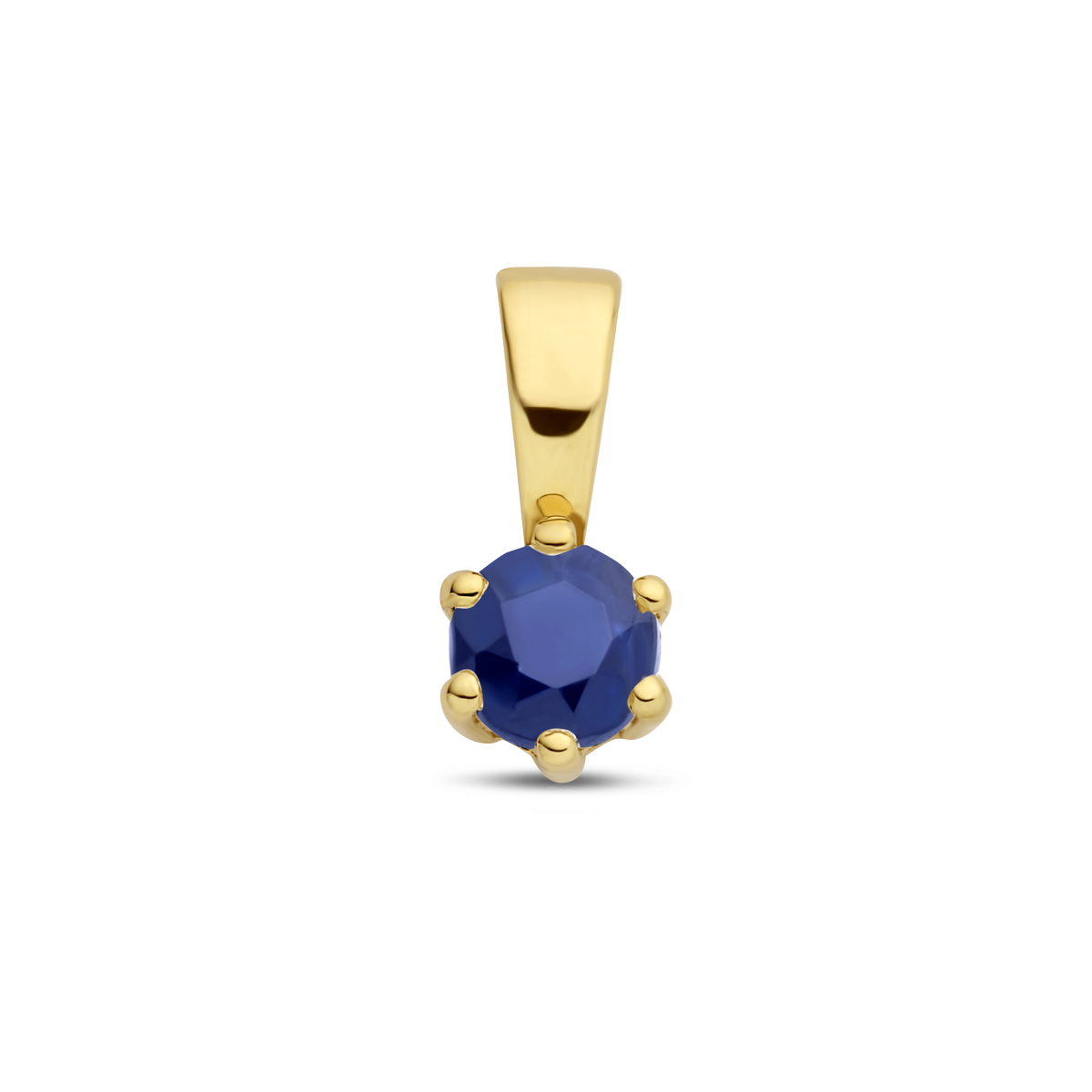 14k Geelgouden geboortesteen hanger uitgevoerd met een schitterende blauwe saffier. De hanger heeft een afmeting van 9.5x4.2mm.