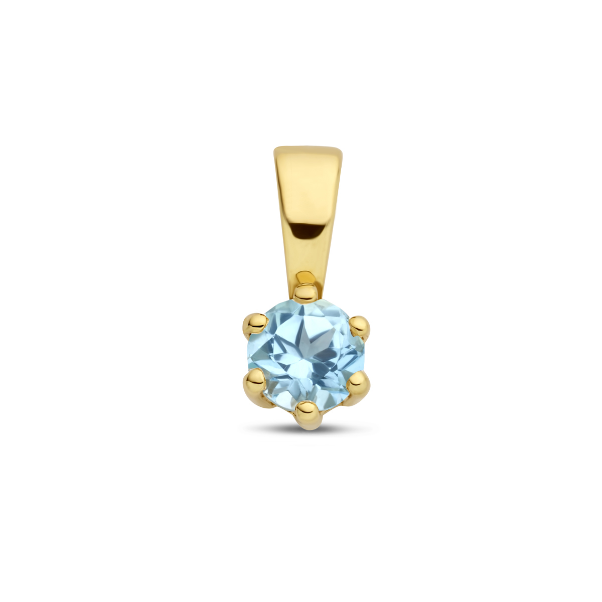 14k Geelgouden geboortesteen hanger uitgevoerd met een schitterende blauwe topaas. De hanger heeft een afmeting van 9.5x4.2mm.