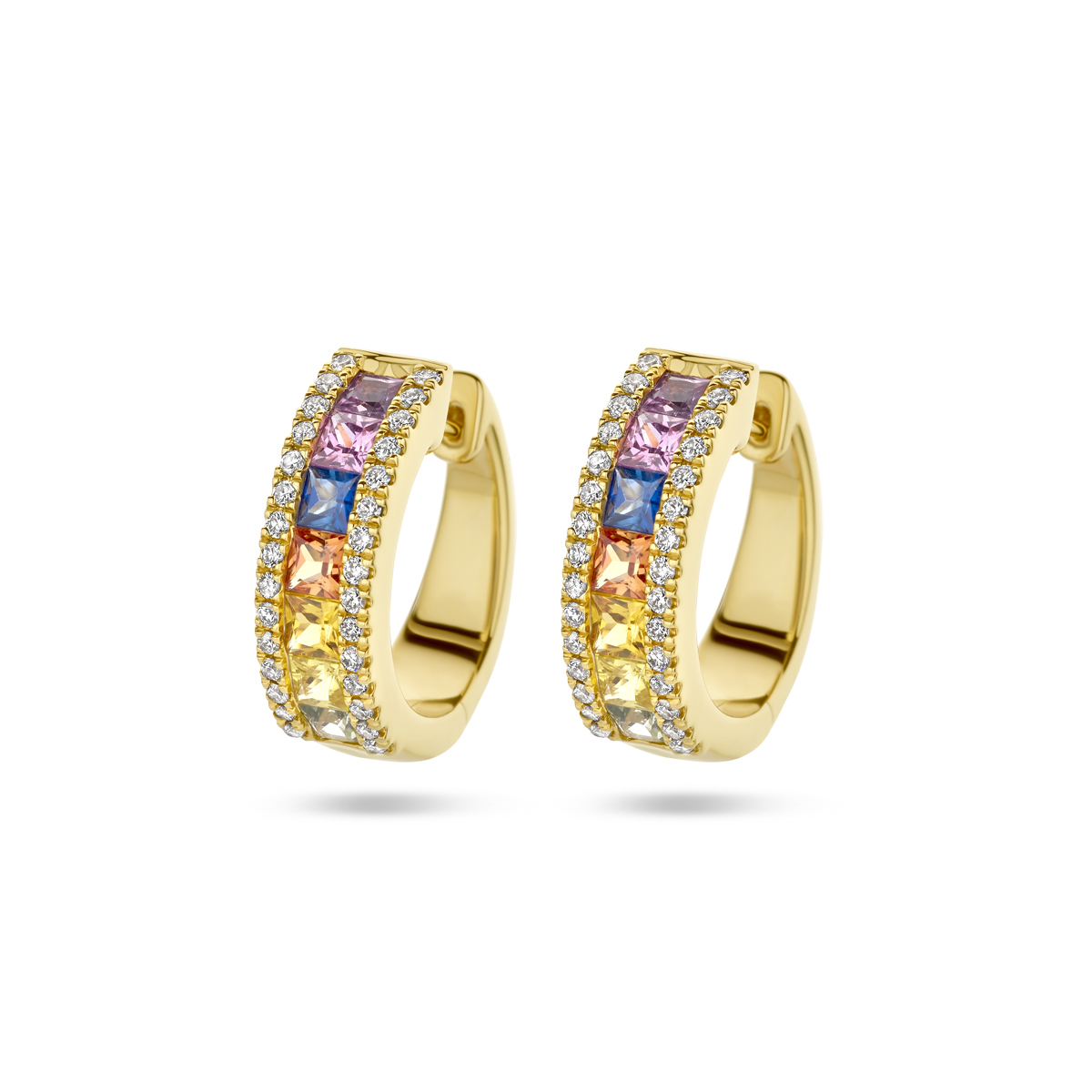 14k Geelgouden klapoorringen uitgevoerd met saffier in verschillende kleuren en diamanten. De oorringen hebben&nbsp; een afmeting van 16x5mm.