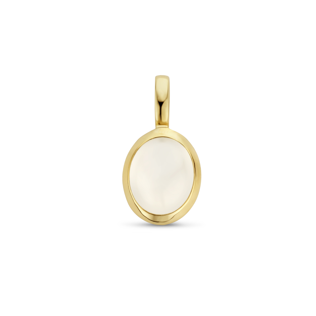 14k Geelgouden hanger uitgevoerd met een schitterende maansteen. De hanger heeft een afmeting van 18.5x9.5mm.