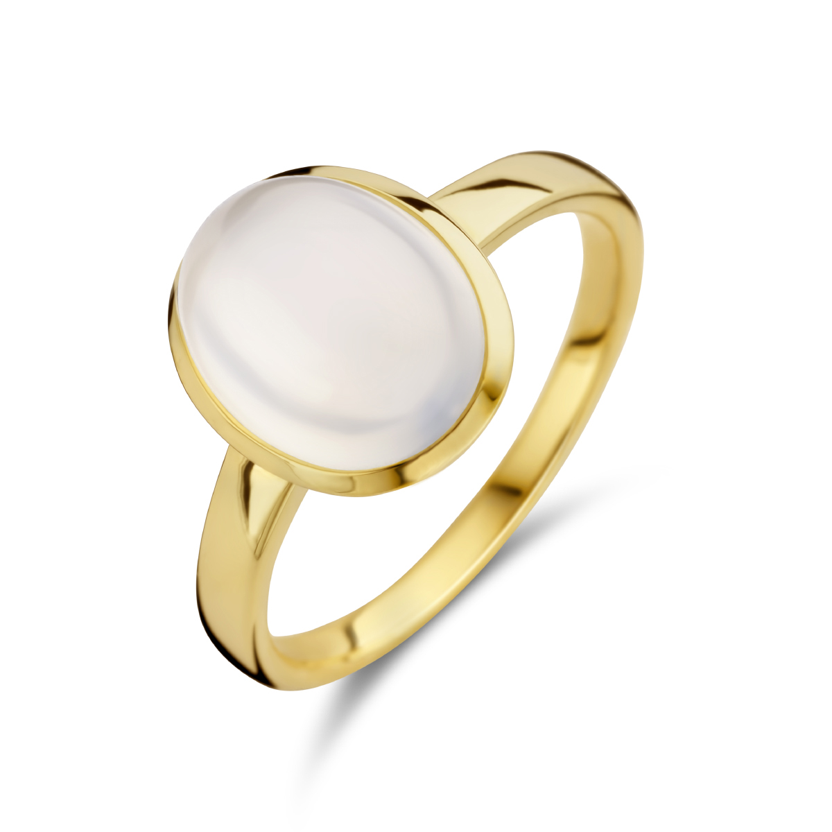 14k Geelgouden ring uitgevoerd met een schitterende witte maansteen. De ring heeft een afmeting van 11.5x9.5mm.