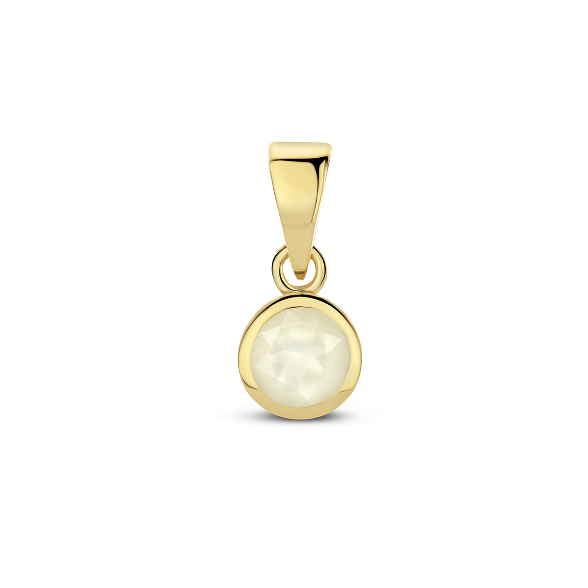 14k Geelgouden geboortesteen hanger uitgevoerd met een schitterende maansteen. De hanger heeft een totale hoogte van 1.1cm. De maansteen heeft een totaal steengewicht van 0.25ct.