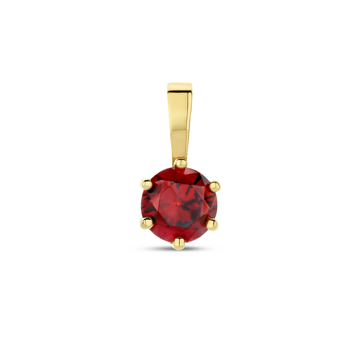 14k Geelgouden geboortesteen hanger uitgevoerd met een schitterende zirkonia granaat. De hanger heeft een afmeting van 9x4.5mm.