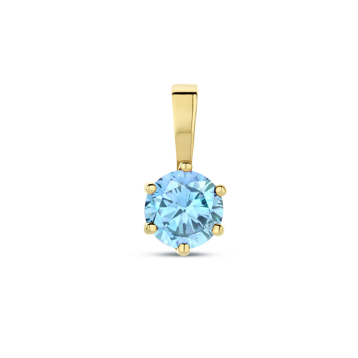 14k Geelgouden geboortesteen hanger uitgevoerd met een schitterende zirkonia aquamarijn. De hanger heeft een afmeting van 9x4.5mm.
