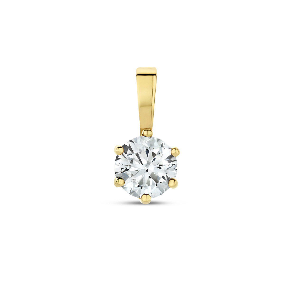 14k Geelgouden geboortesteen hanger uitgevoerd met een schitterende zirkonia. De hanger heeft een afmeting van 9x4.5mm.