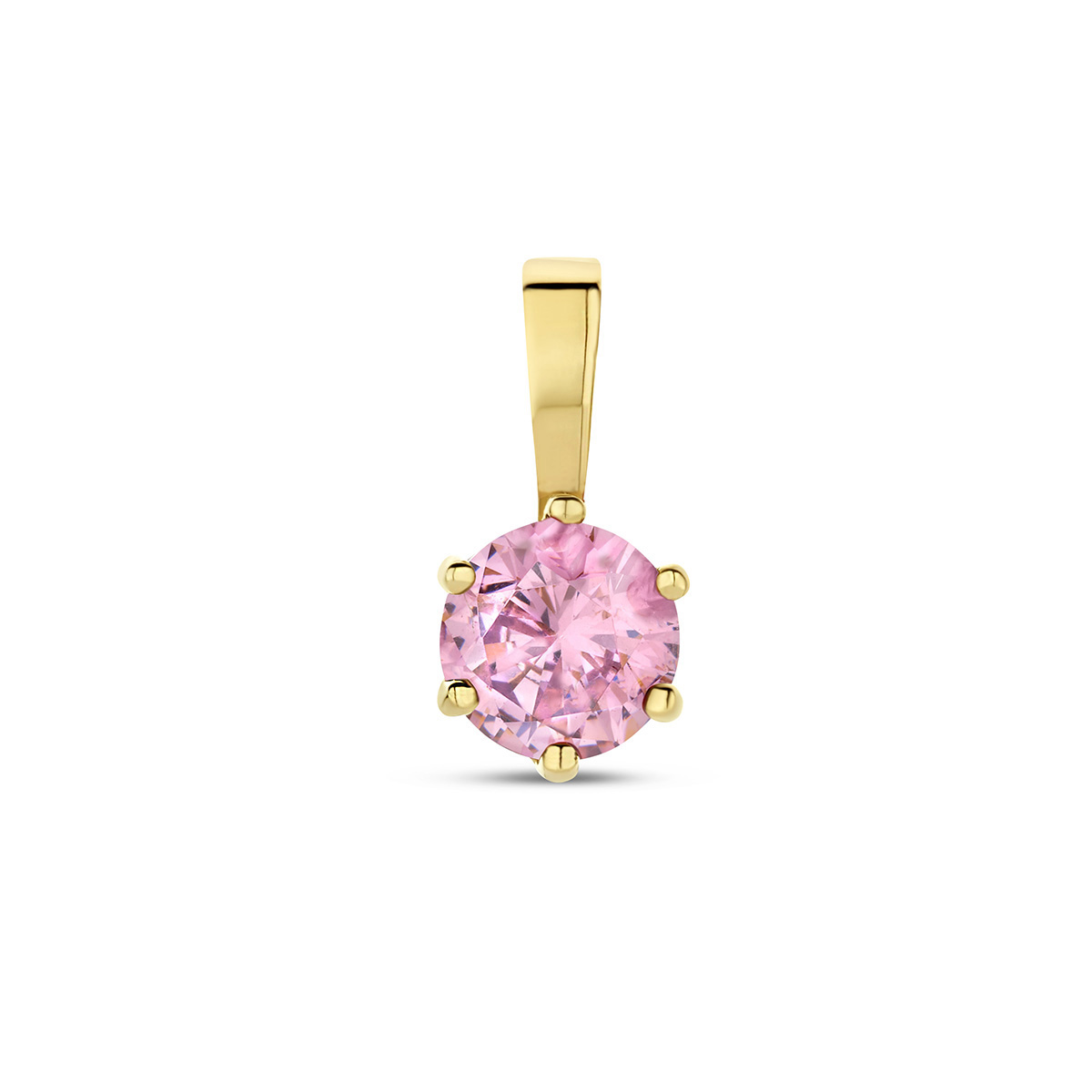 14k Geelgouden geboortesteen hanger uitgevoerd met een schitterende zirkonia rhodoliet. De hanger heeft een afmeting van 9x4.5mm.