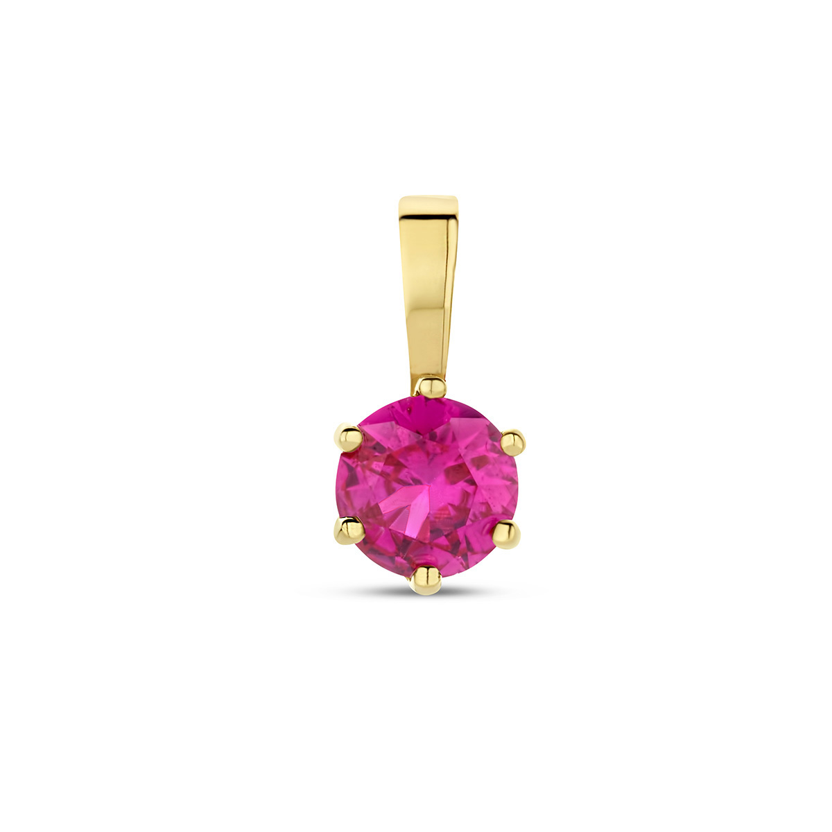 14k Geelgouden geboortesteen hanger uitgevoerd met een schitterende zirkonia robijn. De hanger heeft een afmeting van 9x4.5mm.