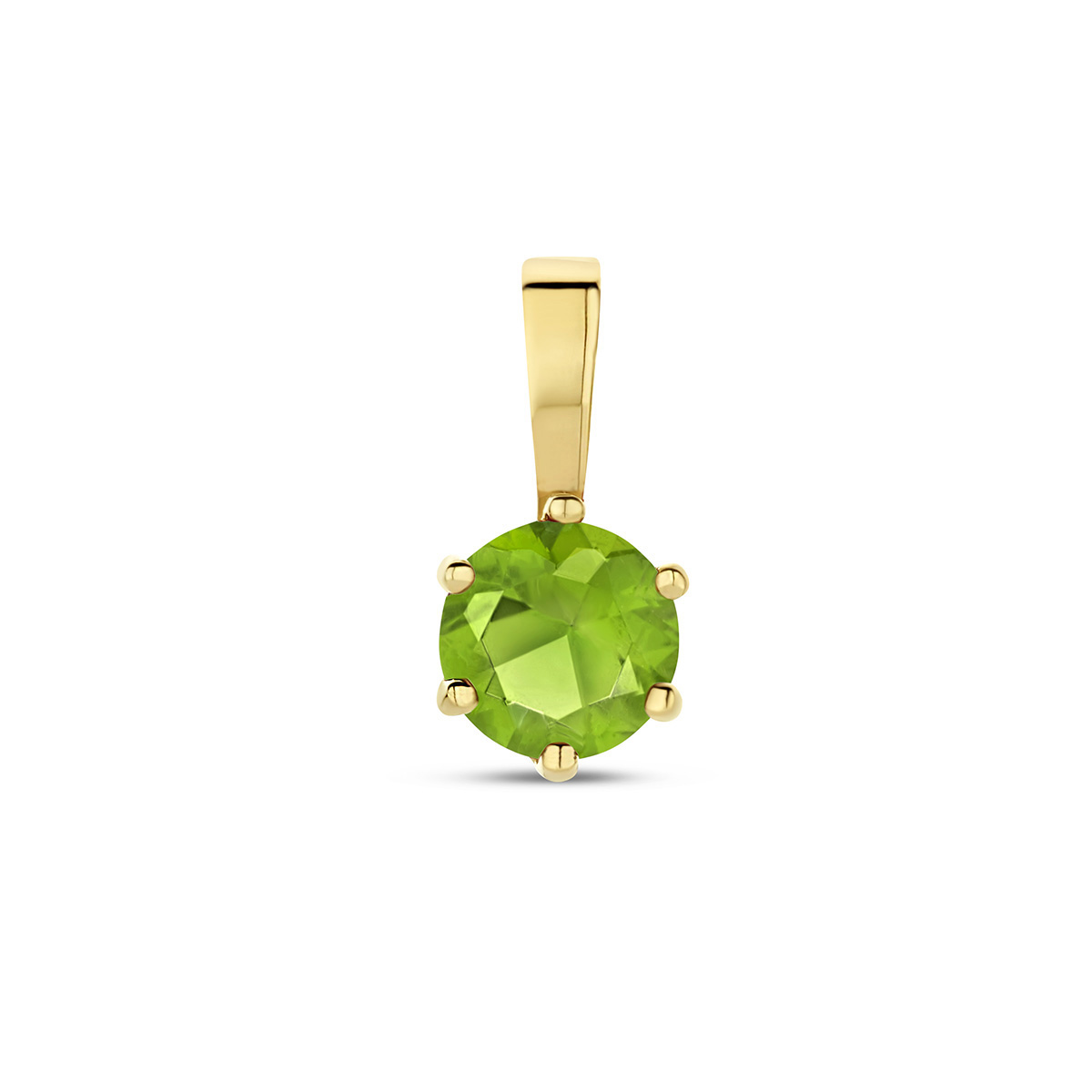 14k Geelgouden geboortesteen hanger uitgevoerd met een schitterende zirkonia peridot. De hanger heeft een afmeting van 9x4.5mm.