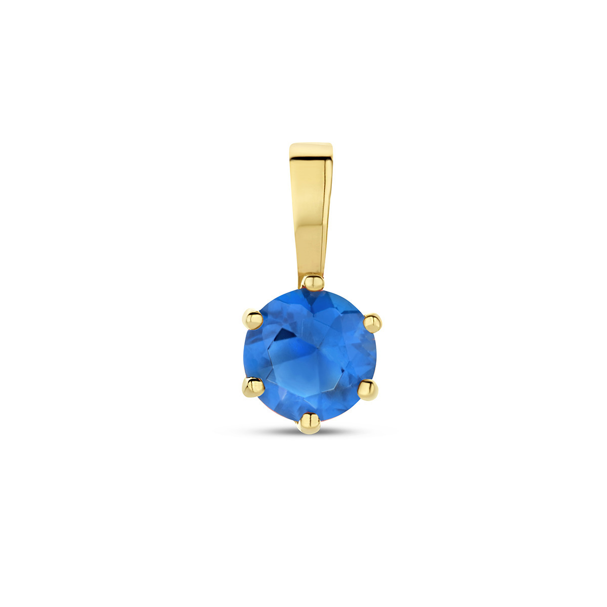 14k Geelgouden geboortesteen hanger uitgevoerd met een schitterende zirkonia saffier. De hanger heeft een afmeting van 9x4.5mm.