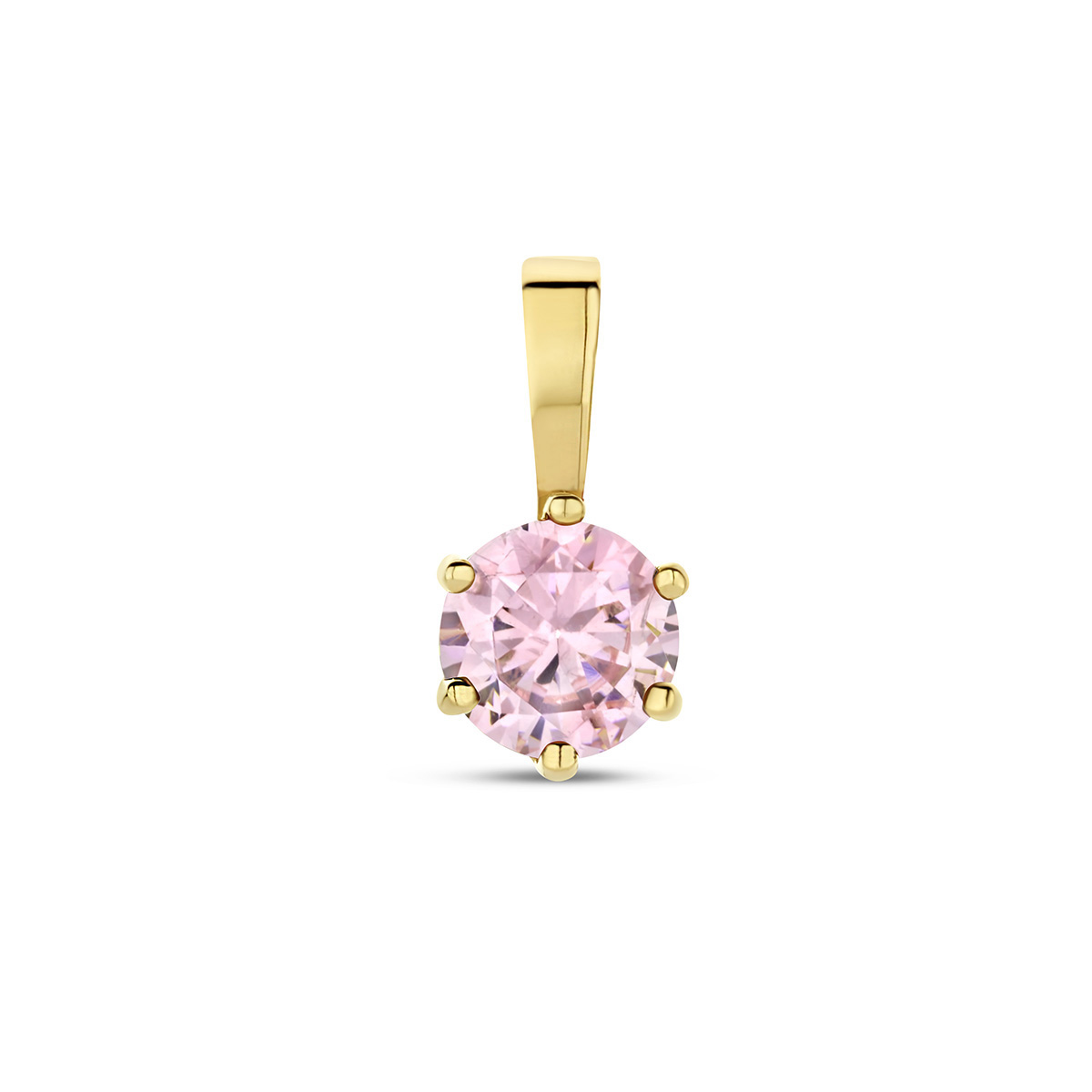 14k Geelgouden geboortesteen hanger uitgevoerd met een schitterende roze zirkonia. De hanger heeft een afmeting van 9x4.5mm.