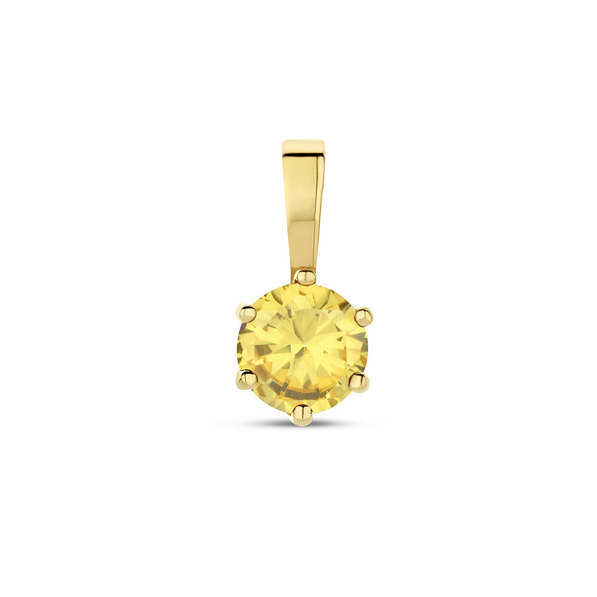 14k Geelgouden geboortesteen hanger uitgevoerd met een schitterende geel zirkonia. De hanger heeft een afmeting van 9x4.5mm.