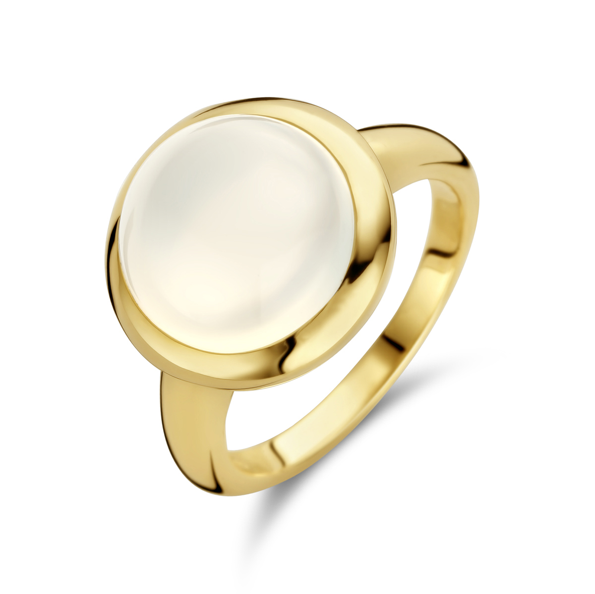 14k Geelgouden ring uitgevoerd met een wit maansteen. De maansteen heeft een steengewicht van 6.18ct.