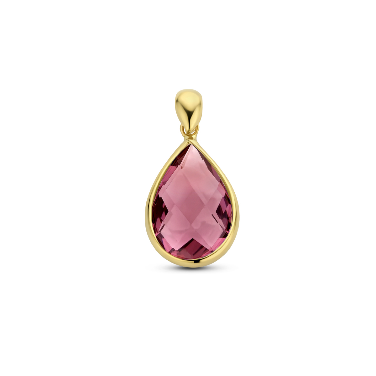 14k Geelgouden hanger uitgevoerd met een schitterende rhodoliet kwarts. De hanger heeft een afmeting van 9x15mm.