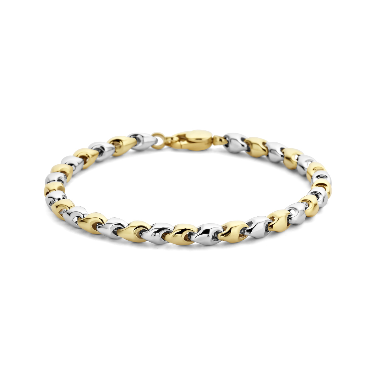 14k Bicolor wit- en geelgouden armband uitgevoerd met een karabijn sluiting. De armband heeft een draaglengte van 18.5cm en een schakelbreedte van 4mm.
