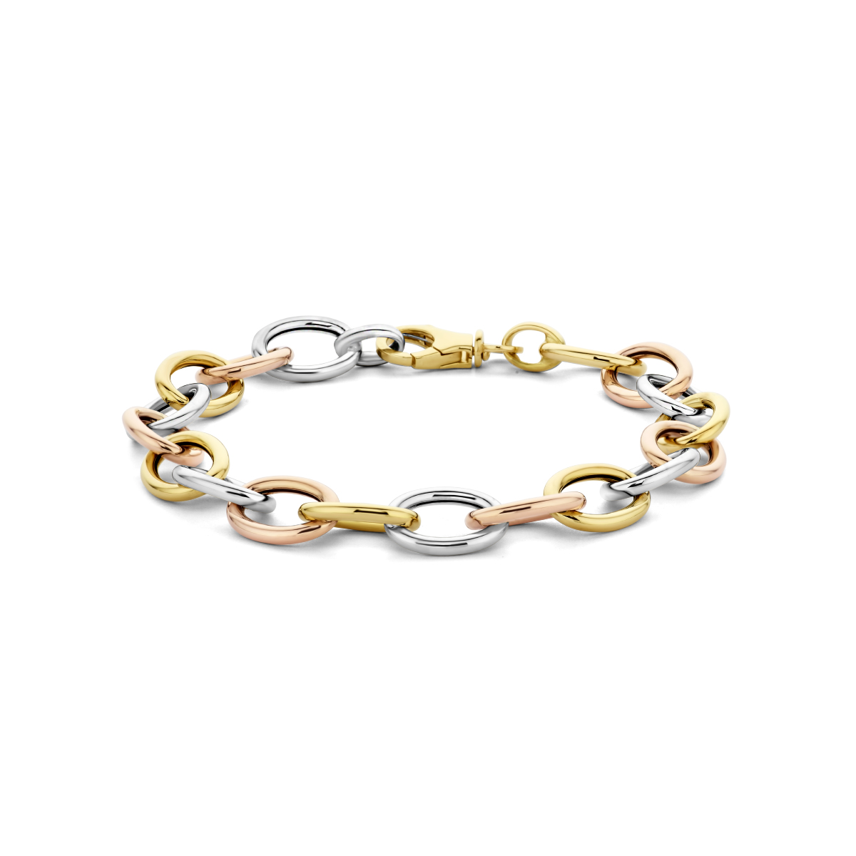 14k Tricolor wit- rose- en geelgouden armband. De armband heeft een draaglengte van 19.5cm en een schakelbreedte van 10mm. Uitgevoerd met een karabijn sluiting.