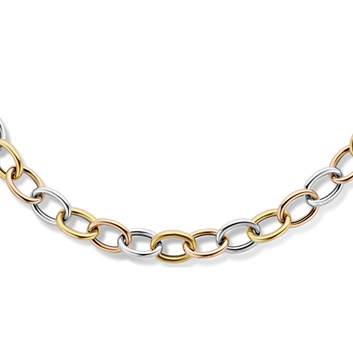 14k Tricolor wit- rose- en geelgouden collier. Het collier heeft een draaglengte van 45.5cm en een schakelbreedte van 10mm. Uitgevoerd met een karabijn sluiting.