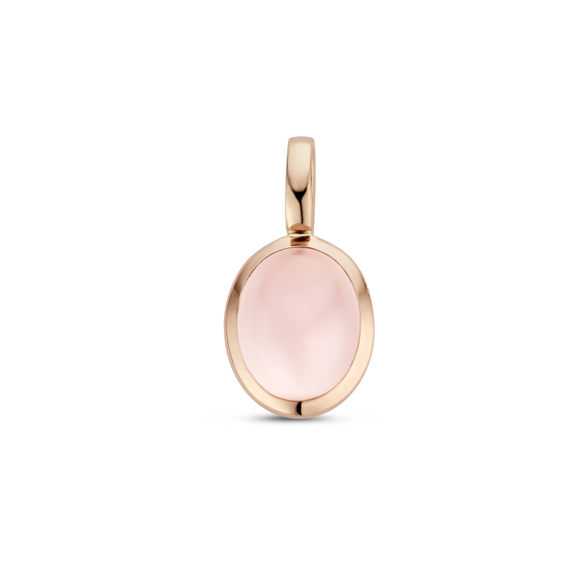 14k Rosegouden hanger uitgevoerd met schitterende roze kwarts. De hanger heeft een afmeting van 18.5x9.5mm.