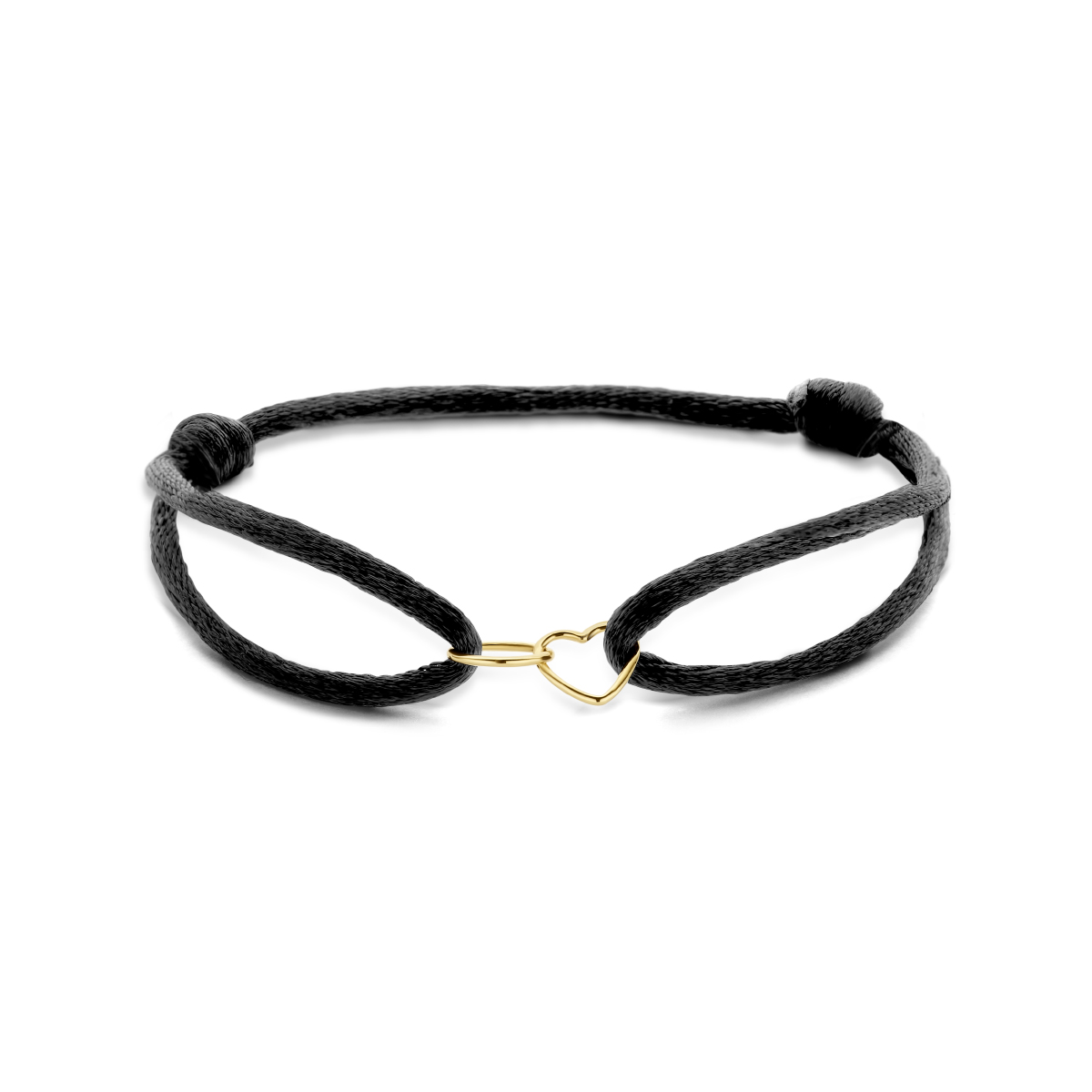 Zwart gevlochten armband uitgevoerd met een 14k geelgouden hartje van 7.5x7.6mm en een rondje van 7.5mm. De armband heeft draaglengtes van 13 tot 26cm.