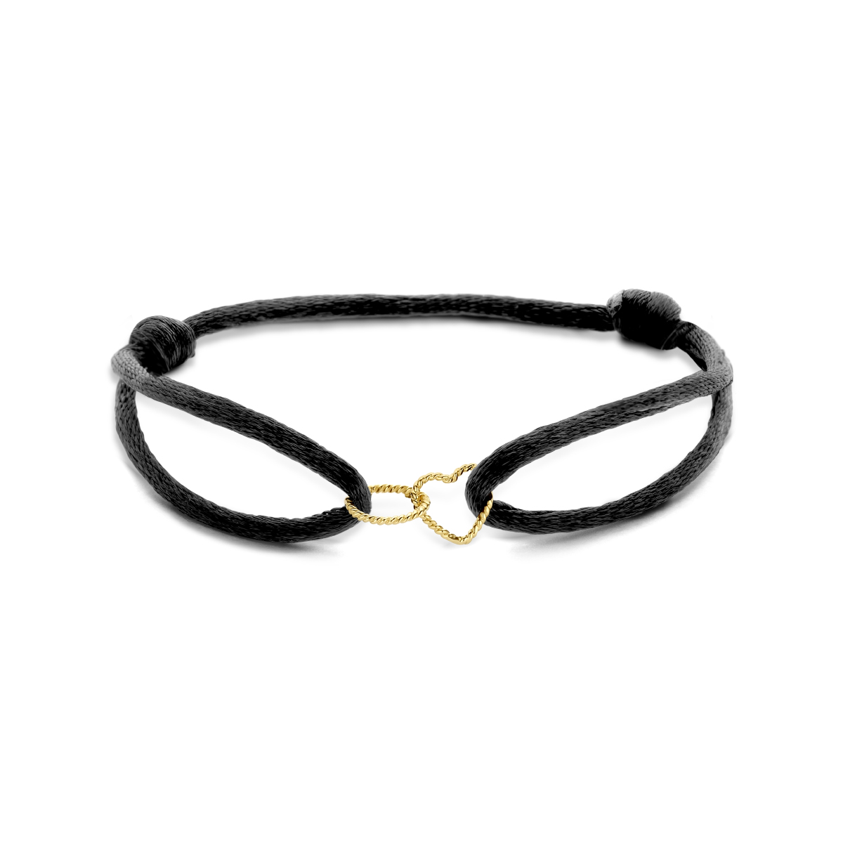 Zwart gevlochten armband uitgevoerd met een 14k geelgouden hartje van 7.5x7.6mm en een rondje van 7.5mm. De armband heeft draaglengtes van 13 tot 26cm.