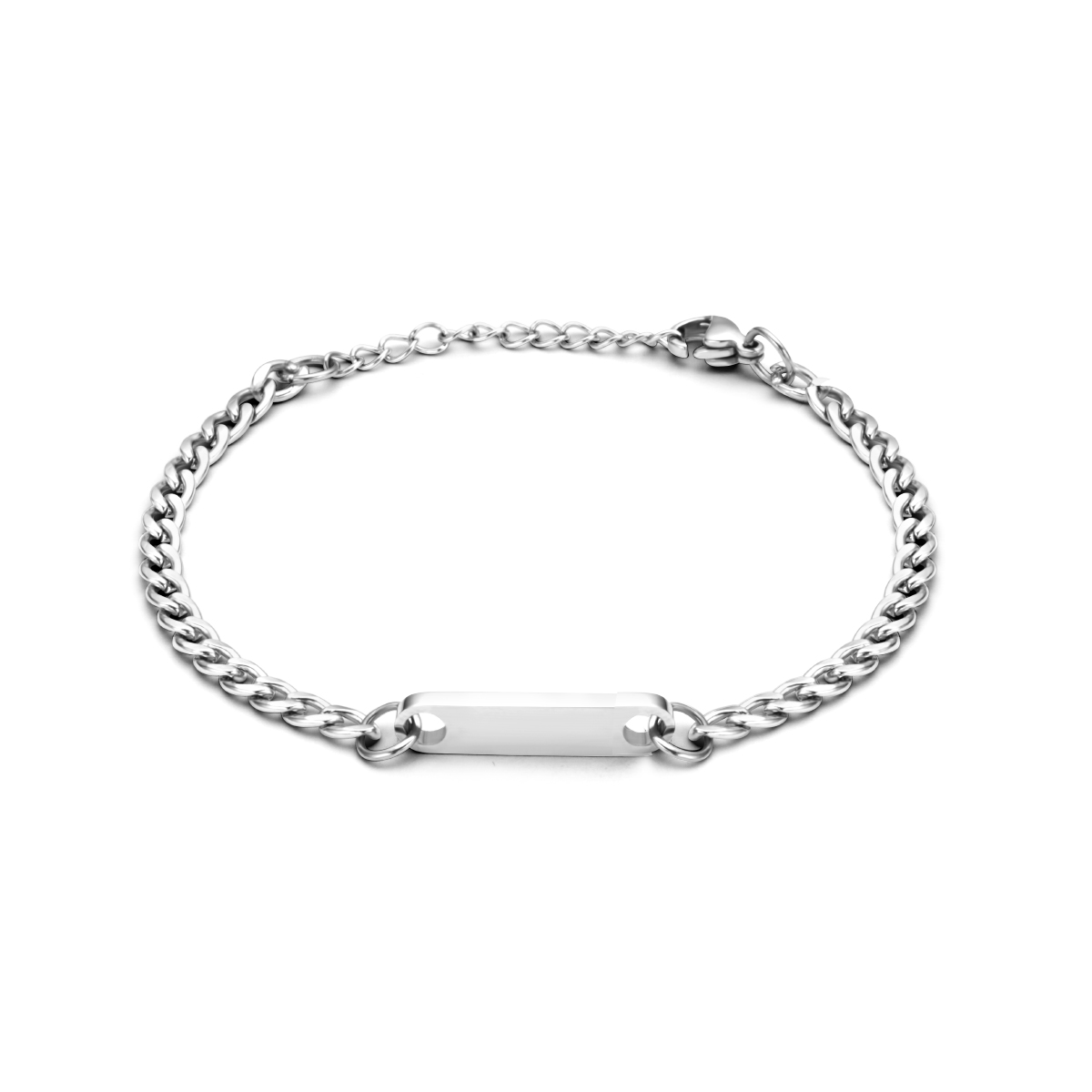 Stalen gourmette graveerarmband uitgevoerd met een karabijn sluiting. De armband heeft een schakelbreedte van 3.6mm en de plaat heeft een afmeting van 5x22mm.