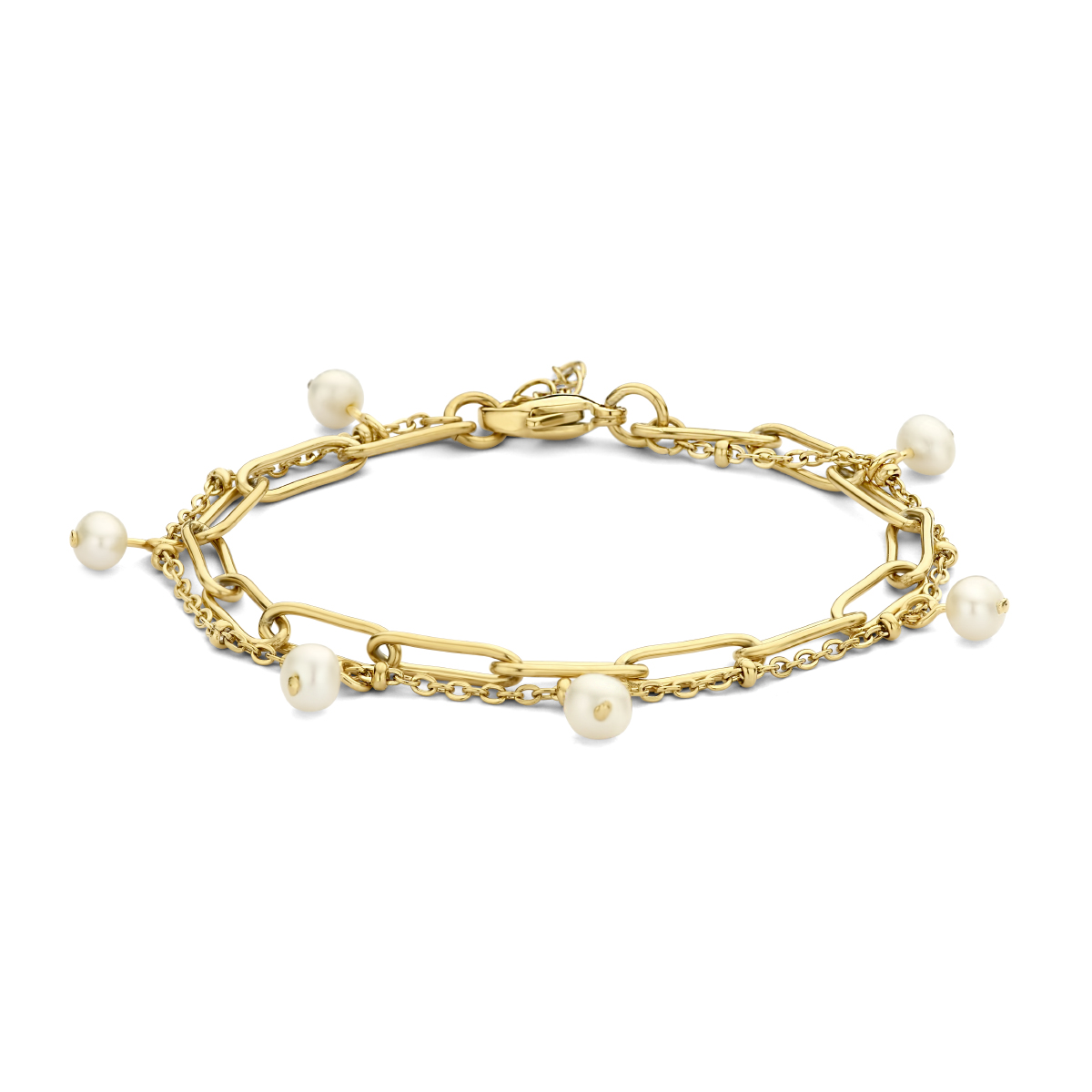 Stalen armband met een goudkleurige ion plating uitgevoerd met zoetwaterparels en een karabijn sluiting. De armband heeft een draaglengte van 16cm met een extensie van 3cm. Geen garantie op de plating.