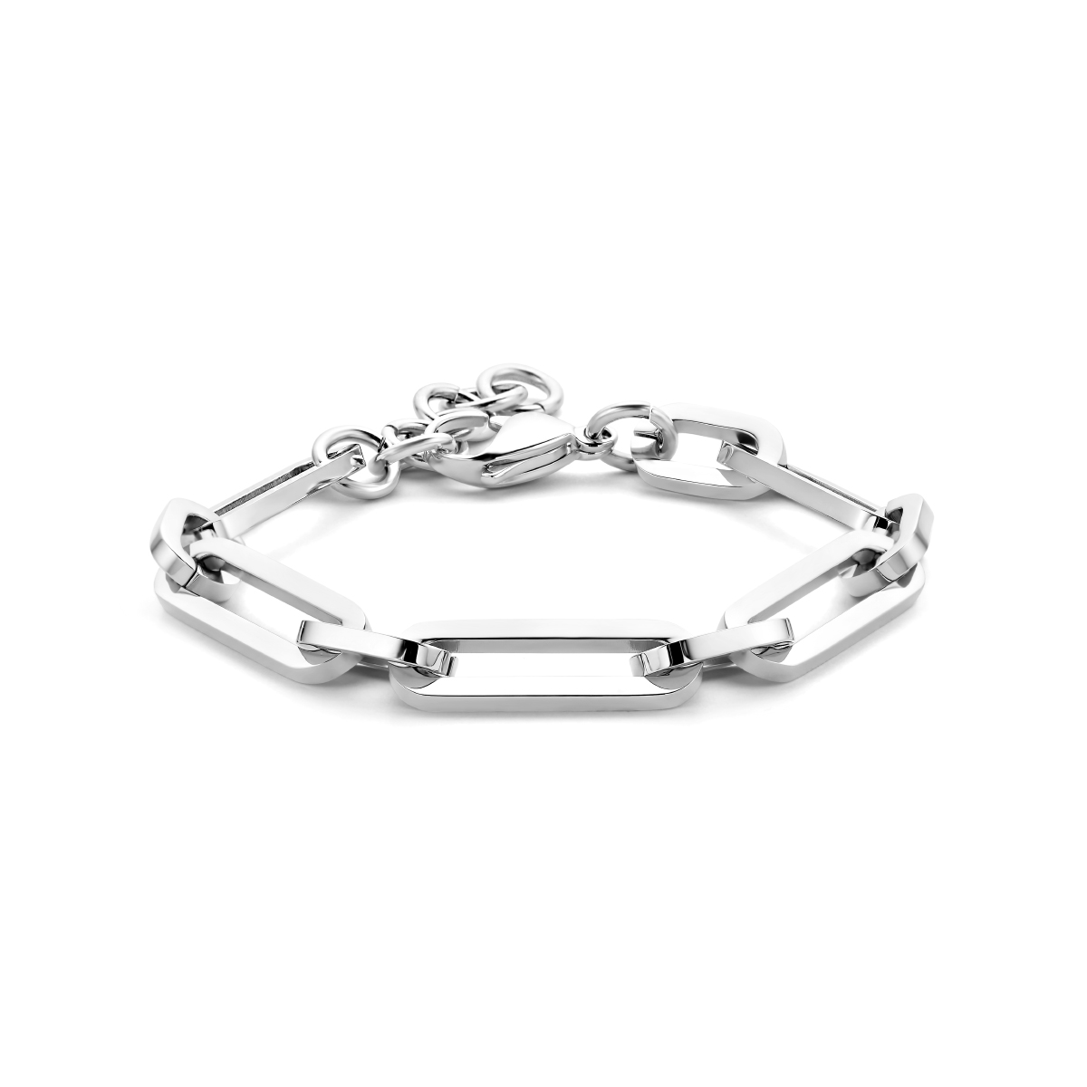 Stalen paperclip armband uitgevoerd met een karabijn sluiting. De armband heeft een draaglengte van 17cm en een extensie van 3cm.