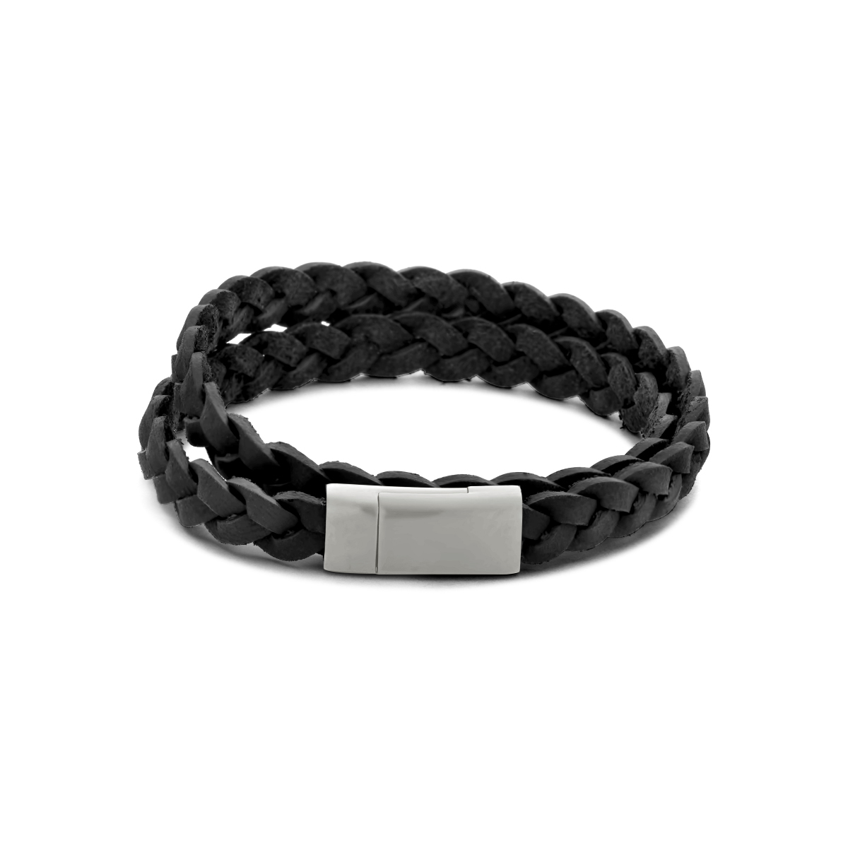 Zwart staal en leren armband uitgevoerd met een magneetsluiting. De armband heeft een breedte van 8mm en een draaglengte van 21cm.