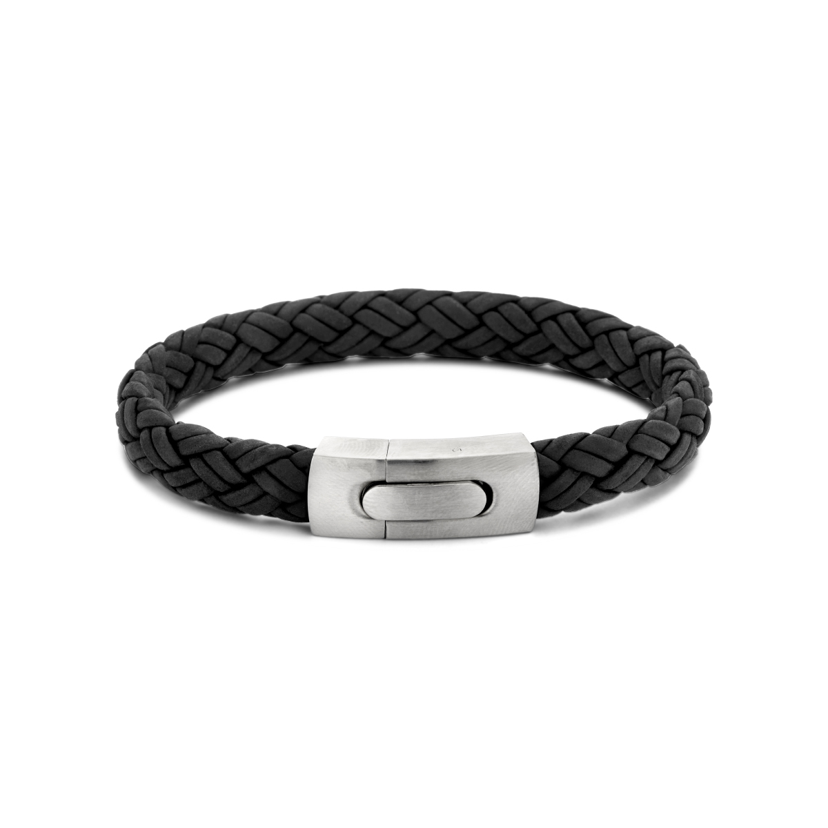 Stalen zwart leren armband. De armband heeft een breedte van 8.6mm.