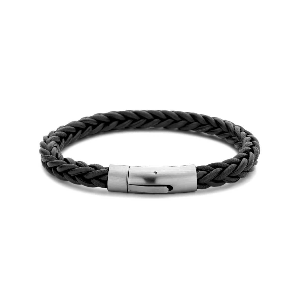 Stalen zwart leren armband. De armband heeft een breedte van 10mm.