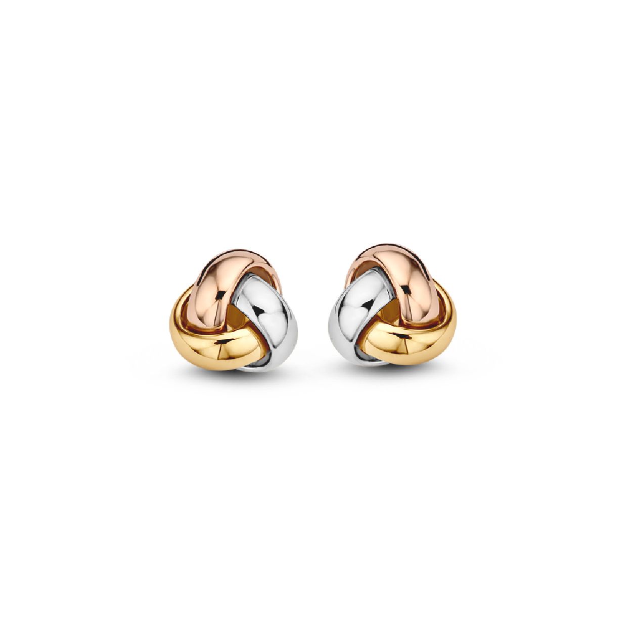 Excellent Jewelry 14krt goud tricolor oorstekers OE706945
Breedte: 6mm

Gewicht: 1,3 gr
Breedte: 6 mm