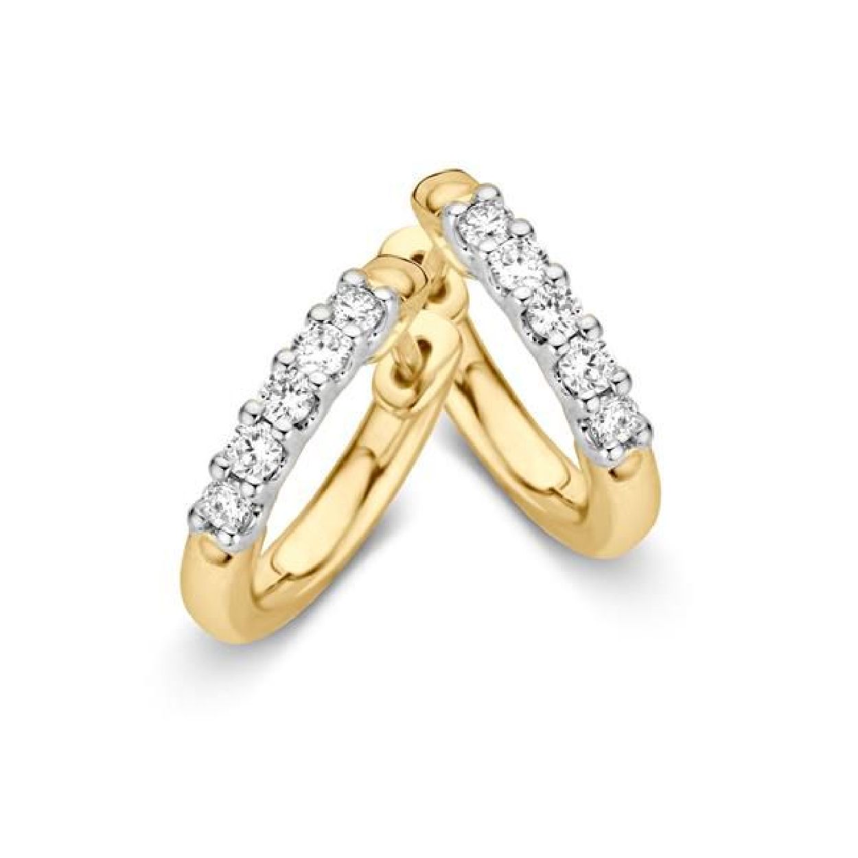 Bicolor wit- en geelgouden creolen met briljant.
