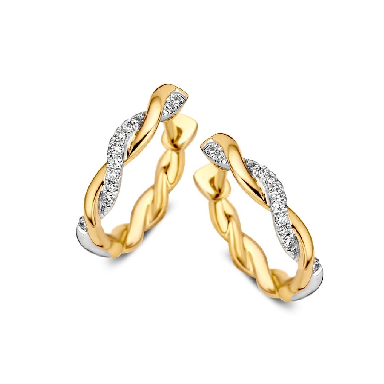 Bicolor oorringen met gevlochten band gezet met fonkelende diamanten.
