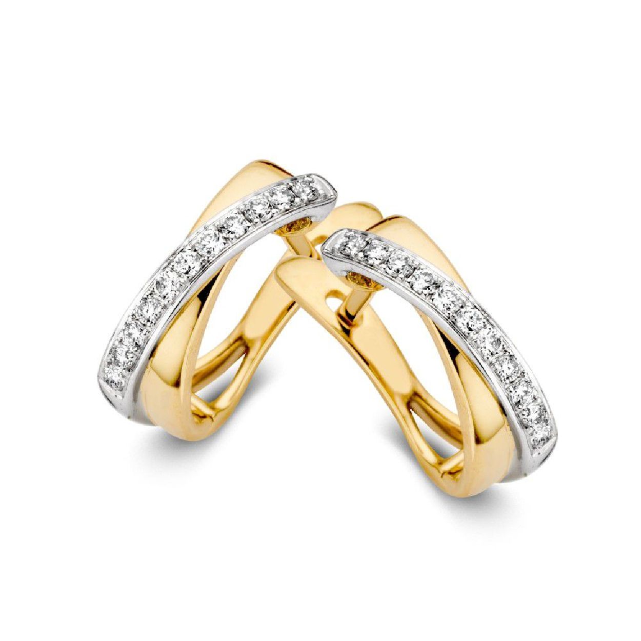 Excellent Jewelry - 14kt Bicolor wit- en geelgouden klapcreolen met briljant - OP415314