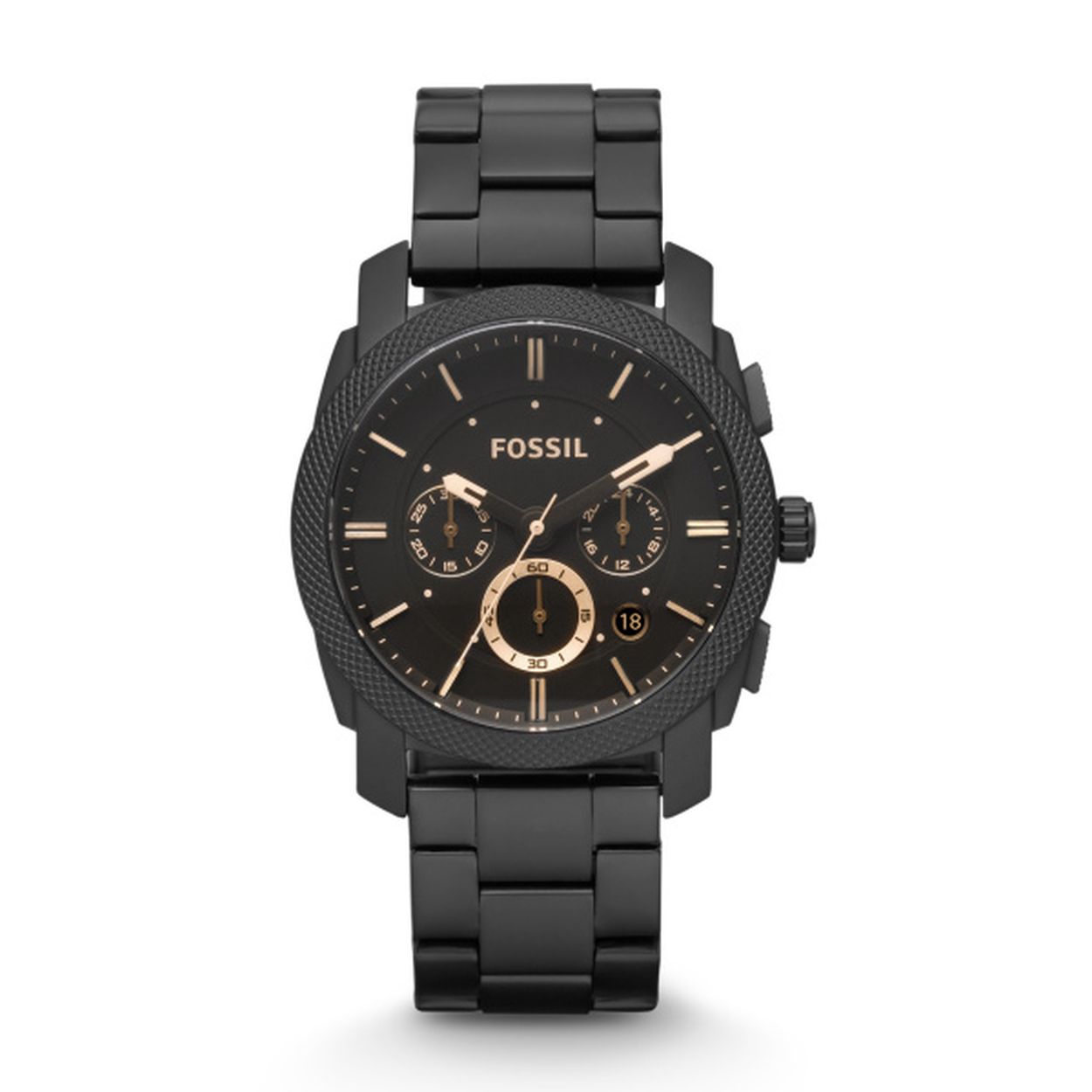 Fossil heren polshorloge staal met stalen band zwart. 5 ATM waterdicht.