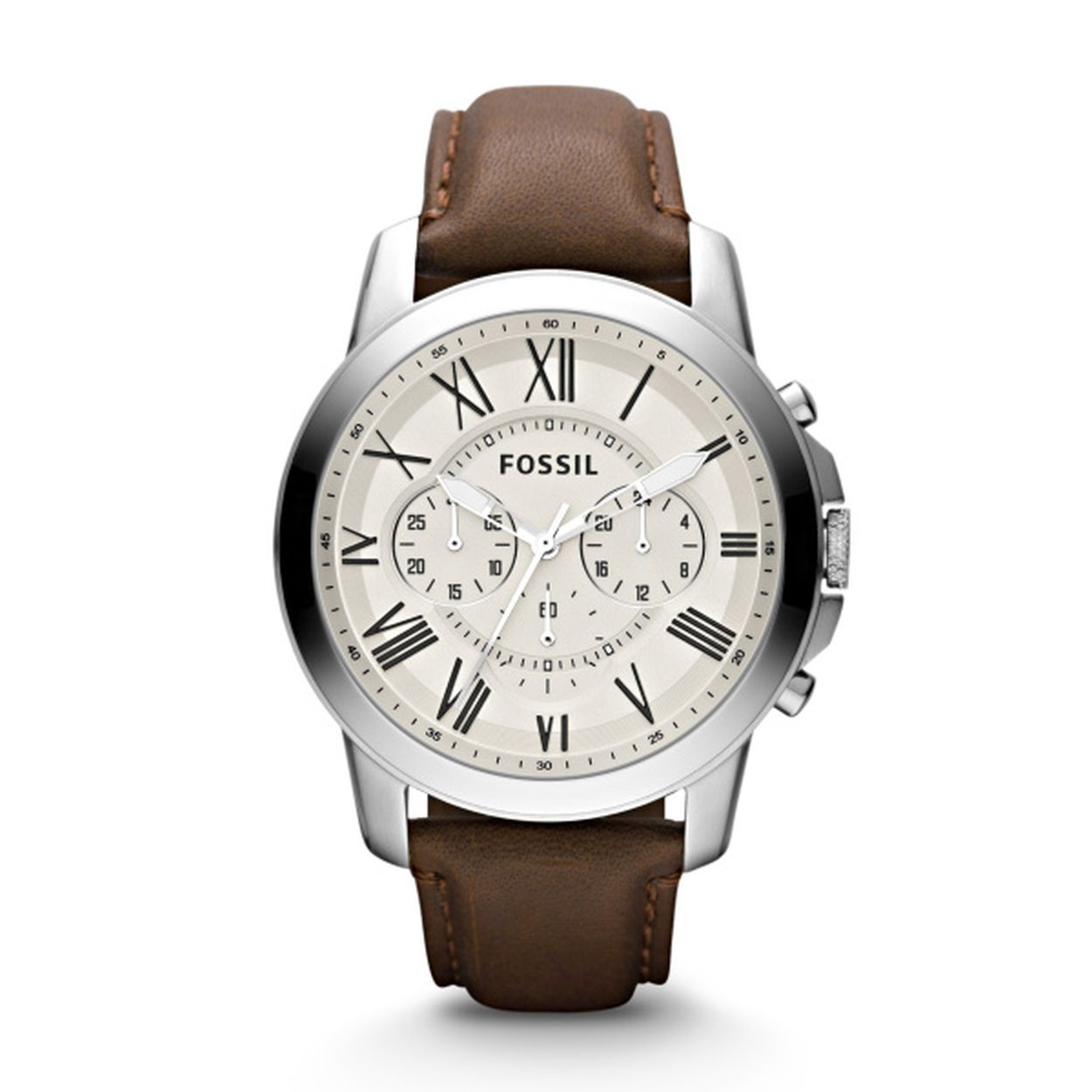 Fossil horloge met stalen kast en bruine  lederen horlogeband, 5 atm waterdicht, chronograaf.