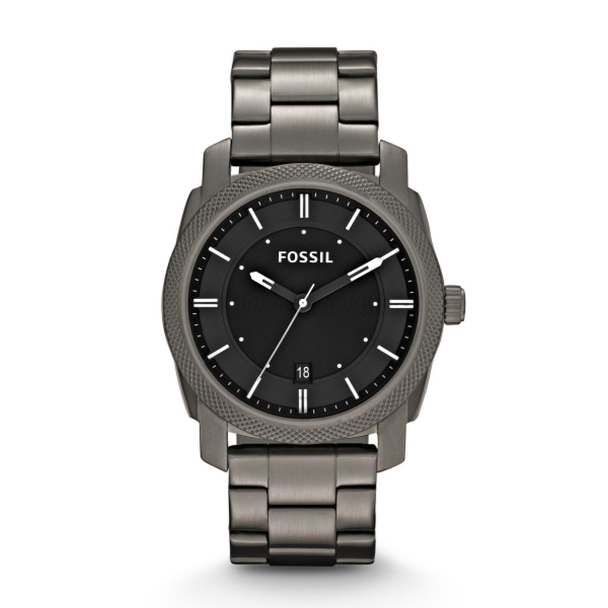 Fossil heren pols horloge uit de Machine Collectie. Gunmetal met Gunmetal band. Zwarte wijzerplaat  5 ATM waterdicht.