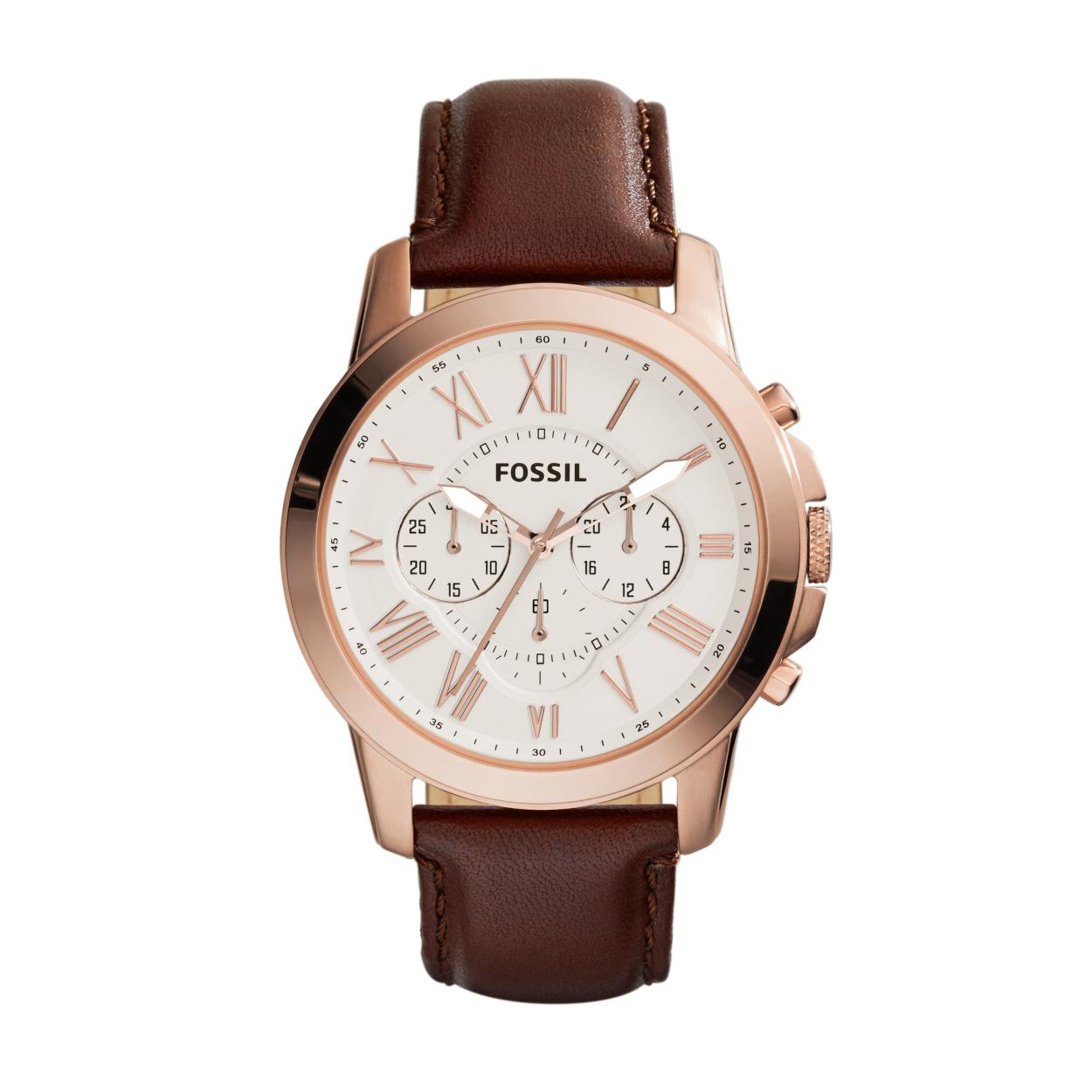 Fossil heren horloge staal rose met lerenband.