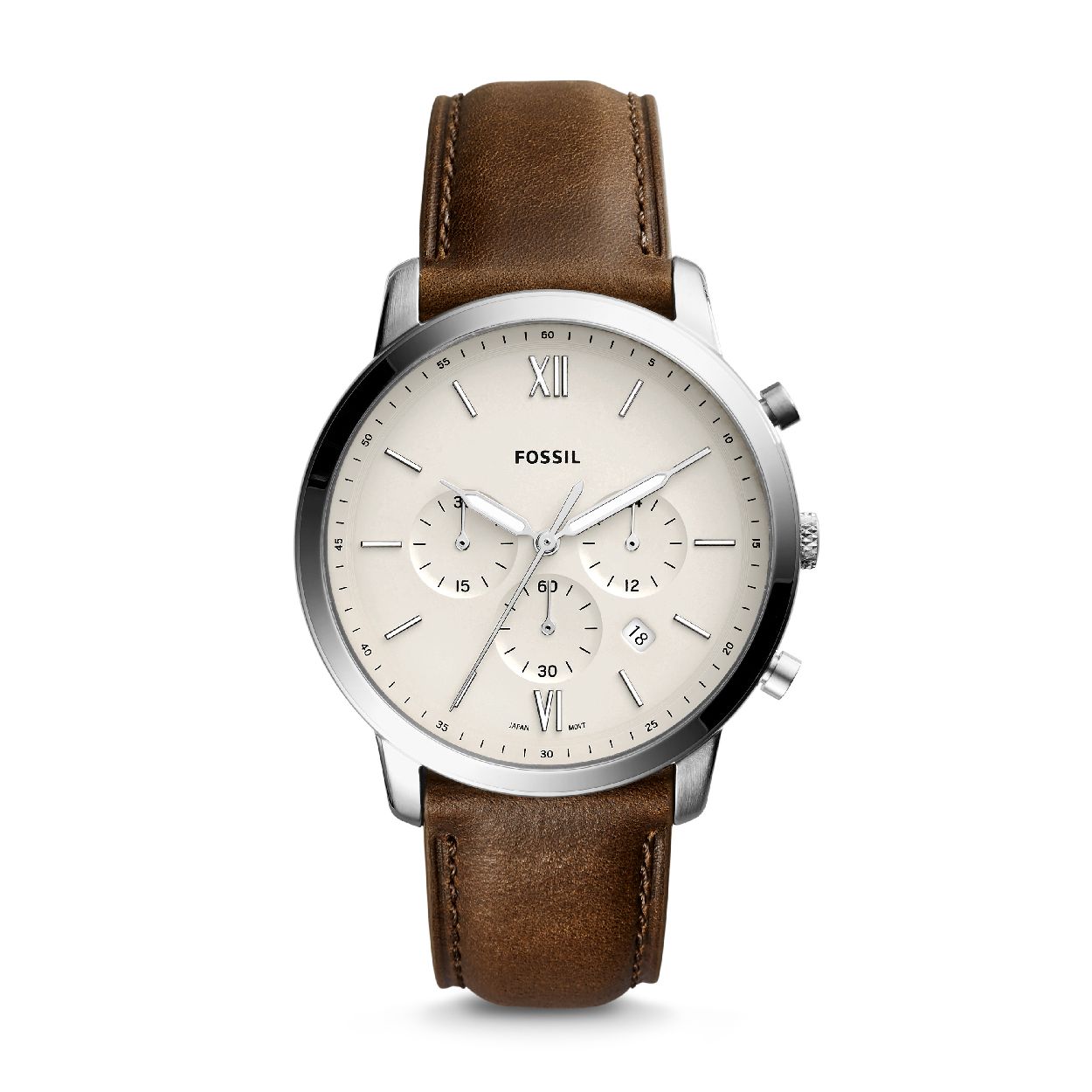 Fossil heren polshorloge collectie Neutra staal met bruin lederen band Chrono funktie 5 ATM waterdicht.