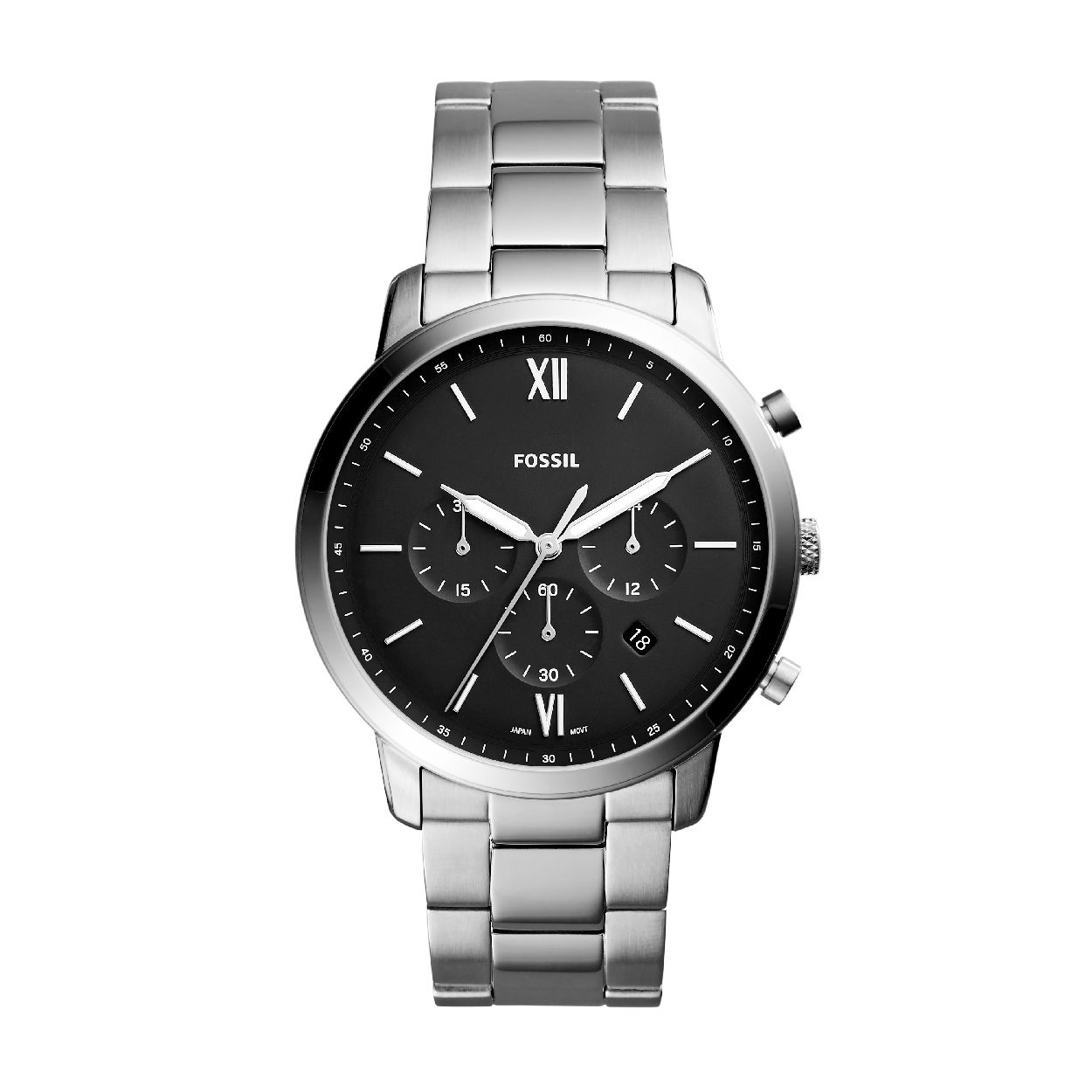 Fossil heren pols horloge uit de Neutra Collectie. Staal met stalen band. Zwarte wijzerplaat  5 ATM waterdicht.