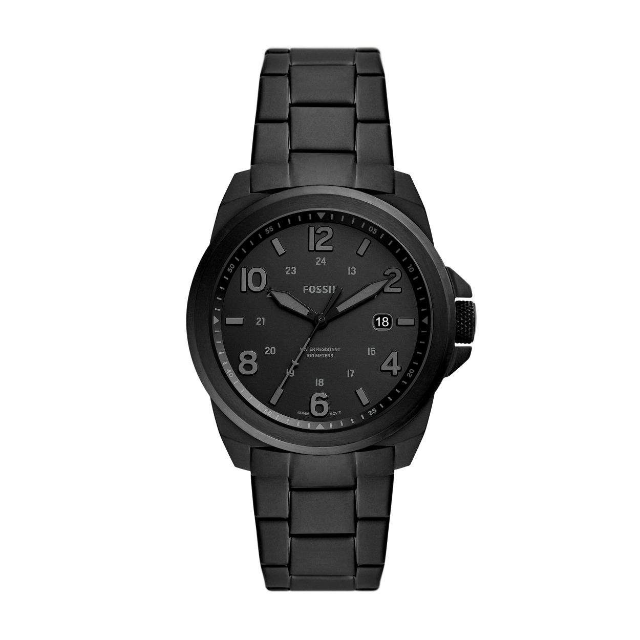 Dit Bronson horloge van 40�mm heeft een zwarte satijnen wijzerplaat, een uurwerk met drie wijzers en datum en een zwarte roestvrijstalen armband.