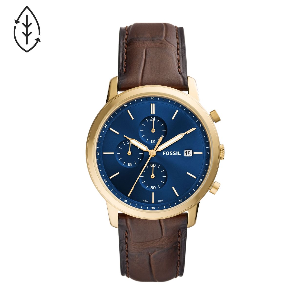 Dit Minimalist horloge van 42�mm heeft een blauwe sunray-wijzerplaat, een chronograaf uurwerk en een bruin krokodil eco-leren bandje.