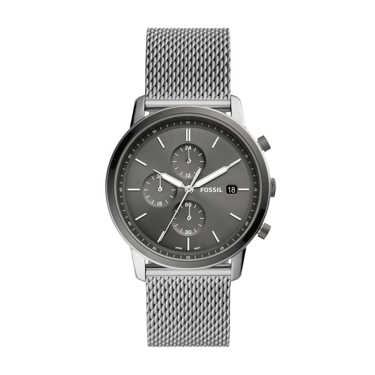 Dit Minimalist horloge van 42�mm heeft een grijze sunray-wijzerplaat, een chronograaf uurwerk en een roestvrijstalen mesh bandje.