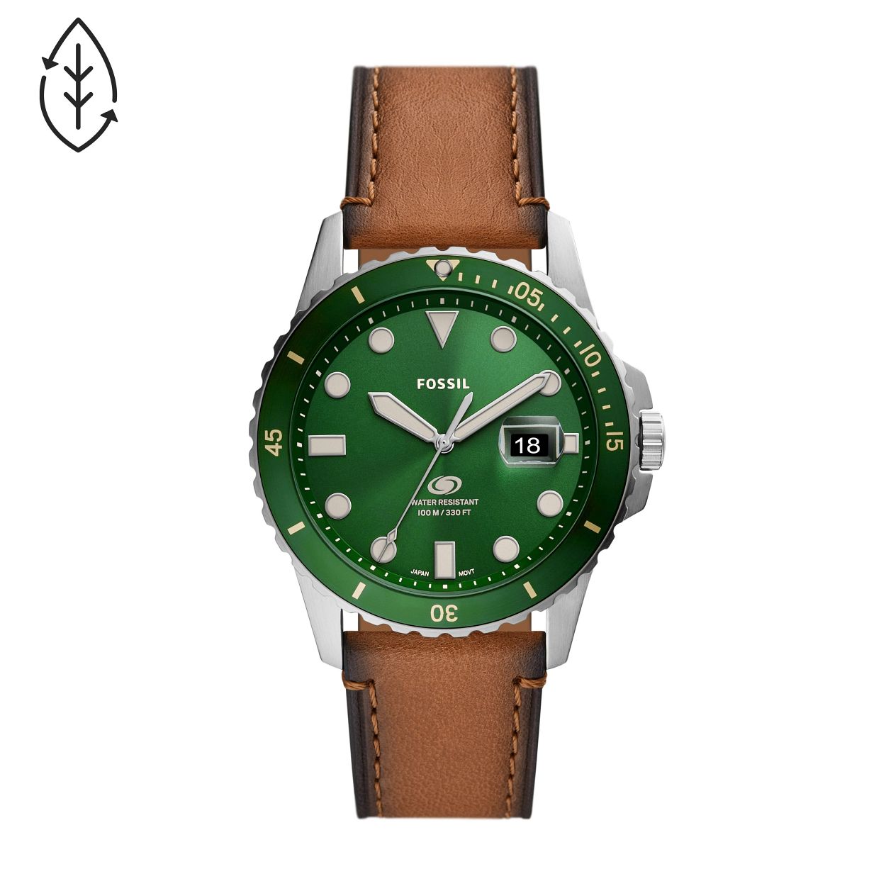 Fossil heren pols horloge uit de Blue Collectie. stalen kast, groene wijzerplaat, bruin lederen band. 10 ATM waterdicht.