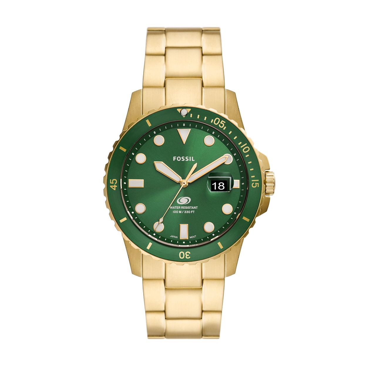 Dit Fossil Blue horloge van 42�mm heeft een groene sunray-wijzerplaat, een uurwerk met drie wijzers en datum en een goudkleurige roestvrijstalen armband.