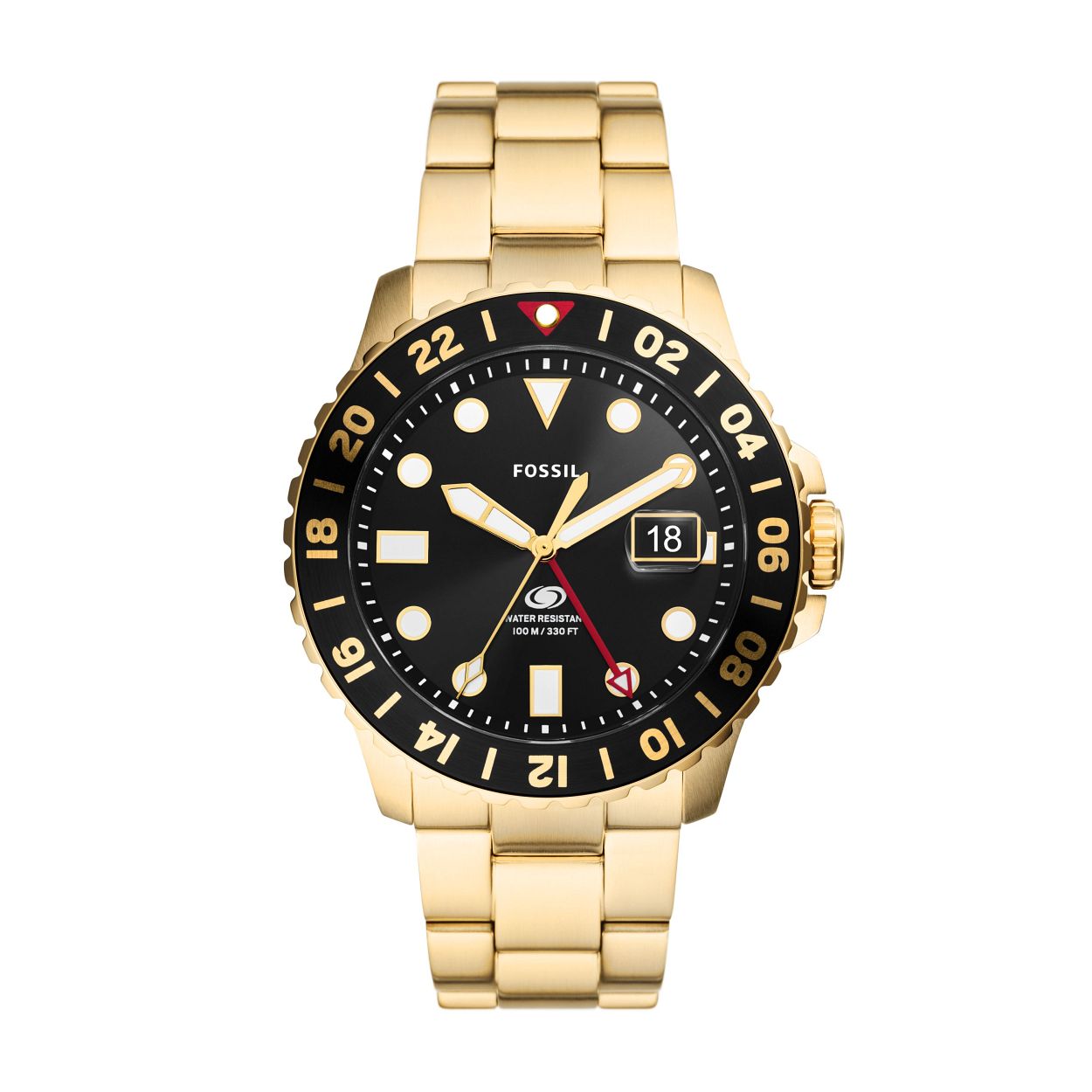 Het erfgoed van Fossil Blue zet zich voort, nu in een speciale GMT-editie. Dit ultieme reisaccessoire heeft een gemakkelijk afleesbare GMT-wijzer voor de tijd van kust-tot-kust in ��n oogopslag. Het heeft een zwarte sunray-wijzerplaat, goudkleurige roestvrijstalen armband, 100�meter waterdichtheid en 24-uurs tweekleurige draairing.