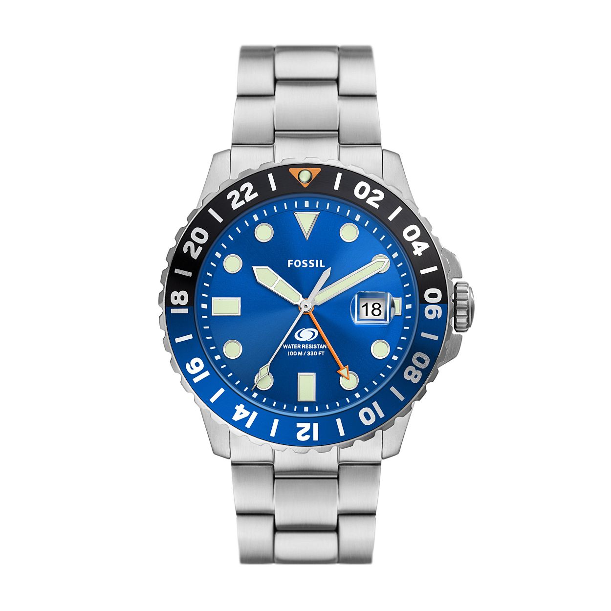Fossil heren poslhorloge staal met stalen band blauwe wijzerplaat en blauwe kastring. 10 ATM waterdicht 